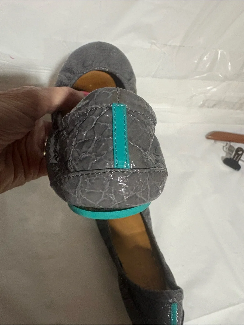 Tieks Gray Croc Patent Ballet Flat with Teal Sole Trim